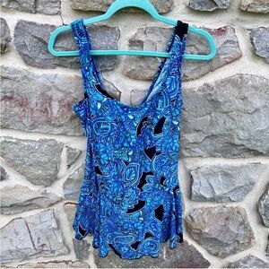 Maxine of Hollywood Blue Floral Boho Print One Piece Swim Dress Size 14